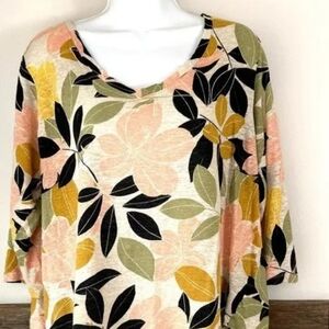 Rachel Zoe Size 1X Multicolor Floral 3/4 Sleeve Top 100%Linen